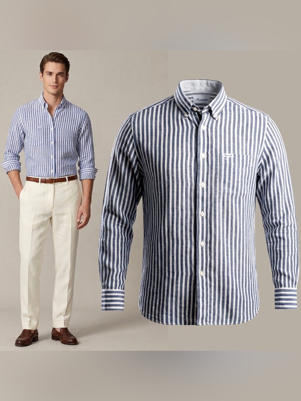 Faconnable Men Linen Shirt Striped Blue Button Down Preppy Quiet Luxury Sailor M